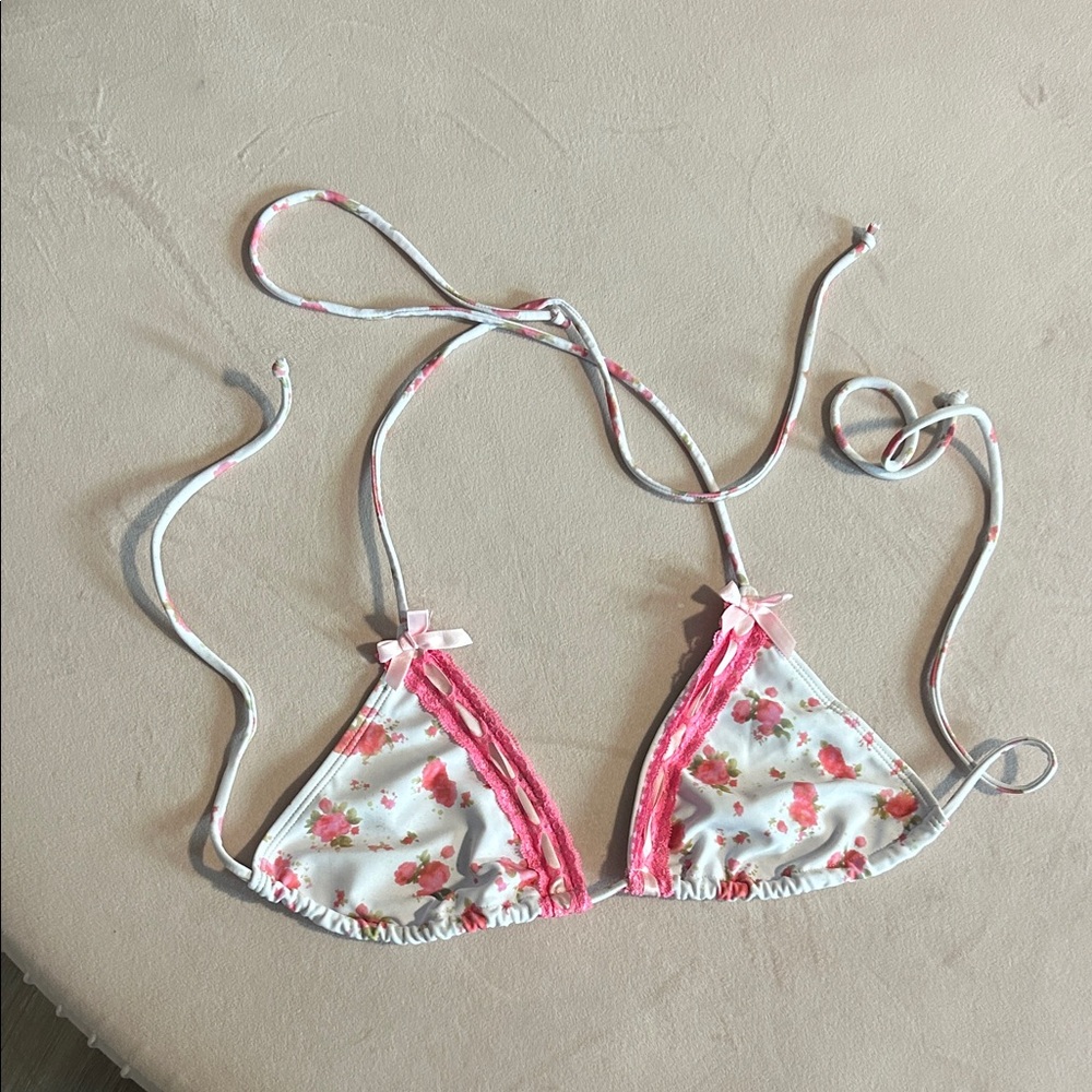 Floral Pink and White Bikini Top
